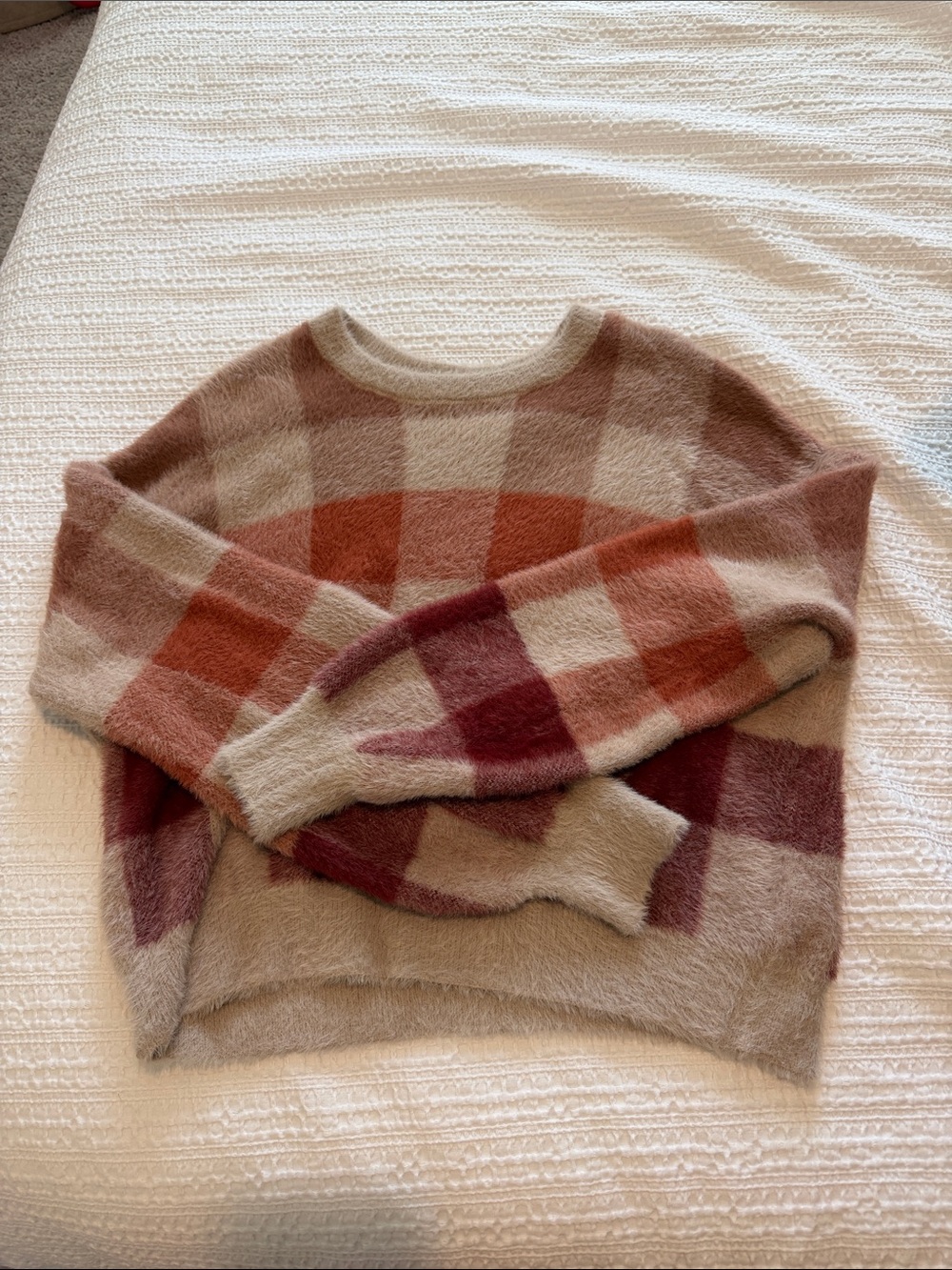 Altar'd State Plaid Fuzzy Crewneck Sweater in Beige, Rust, and Wine